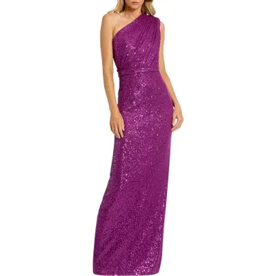 Mac Duggal Sequin One-shoulder Column Gown In Purple