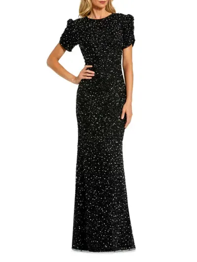 Mac Duggal Gathered Short Sleeve Beaded Gown In Black