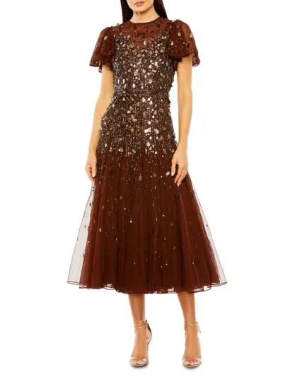 Mac Duggal Women's Embellished Tulle Midi-dress In Espresso