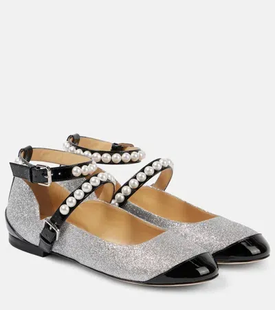 Mach & Mach Embellished Glitter Mary Jane Flats In Silver