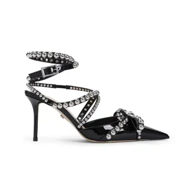 Mach & Mach Black Patent Calf Leather Crystal Studs Sandals