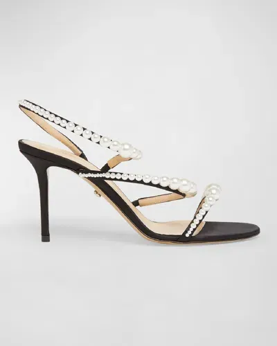 Mach & Mach Sirene Pearly Stud Satin Strappy Sandals In Black