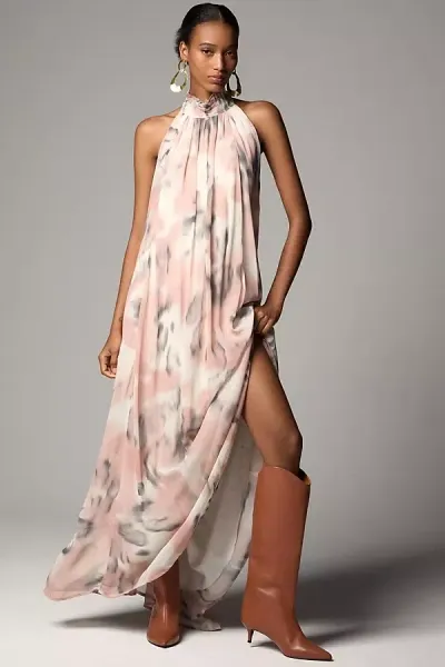 Maeve Halter Sheer Printed Maxi Dress In Multicolor