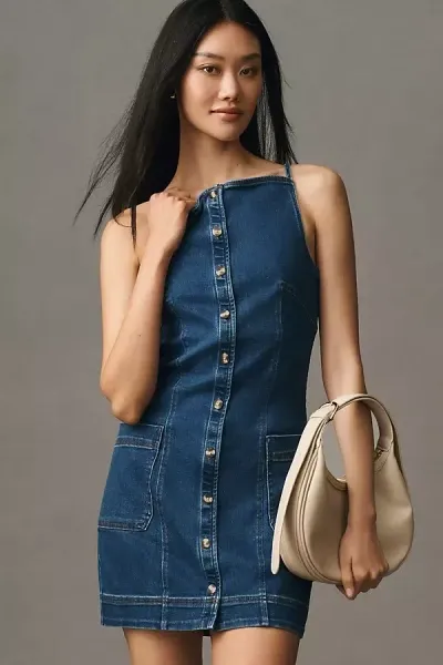 Maeve High Square-neck Button-front Denim Mini Dress In Blue