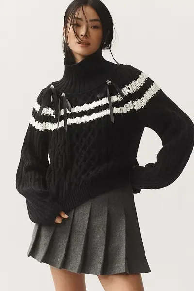 Maeve Mock-neck Balloon-sleeve Bow Sweater In Black