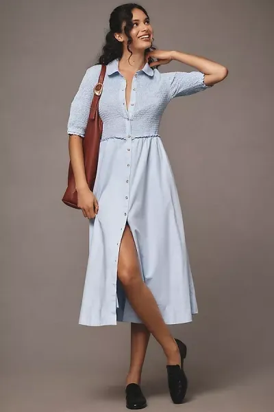 Maeve Short-sleeve Smocked Midi Shirt Dress In Blue