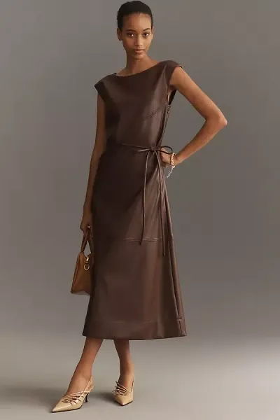 Maeve Sleeveless Faux-leather Wrap Midi Dress In Brown