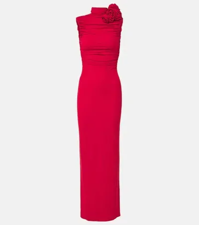 Magda Butrym Floral-appliqué Ruched Jersey Gown In Rot