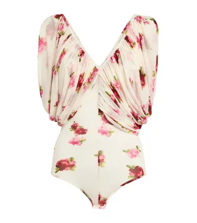 Magda Butrym Ruched Floral Bodysuit In Beige