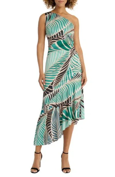 Maggy London Abstract Print One-shoulder Asymmetric Midi Dress In Beige/aqua Green