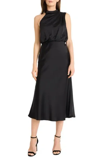 Maggy London Asymmetric Sleeveless Satin Midi Dress In Black