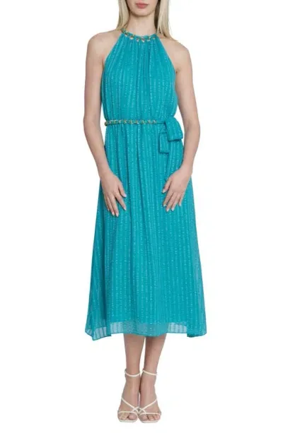 Maggy London Chain Trim Metallic Stripe Sleeveless Midi Dress In Turquoise