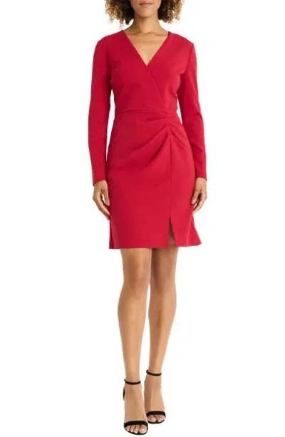 Maggy London Drape Long Sleeve Scuba Crepe Faux Wrap Dress In Arresting Red