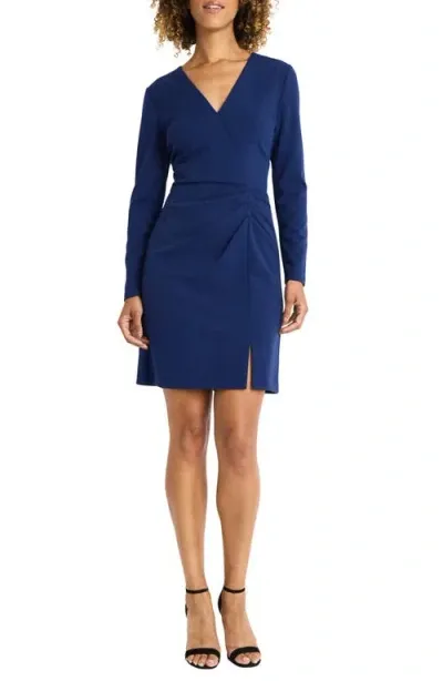 Maggy London Drape Long Sleeve Scuba Crepe Faux Wrap Dress In Beacon Blue