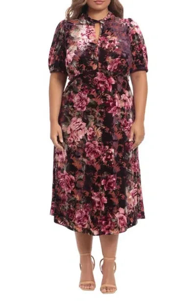 Maggy London Floral Keyhole Midi Dress In Raisin/wine/olive