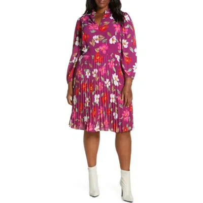 Maggy London Floral Pleated Long Sleeve Fit & Flare Dress In Rose Wine/raspberry