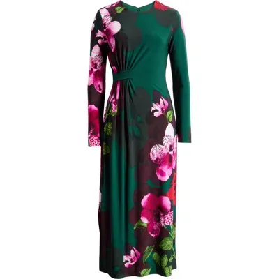 Maggy London Floral Print Long Sleeve Maxi Dress In Green/light Scarlet