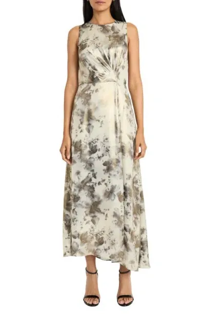 Maggy London Floral Sleeveless Asymmetric Satin Dress In Ivory/gold/black