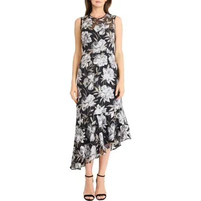 Maggy London Floral Sleeveless Mesh Midi Dress In Black/grey