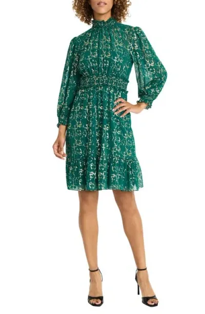 Maggy London Metallic Print Long Sleeve Dress In Aventurine Gold