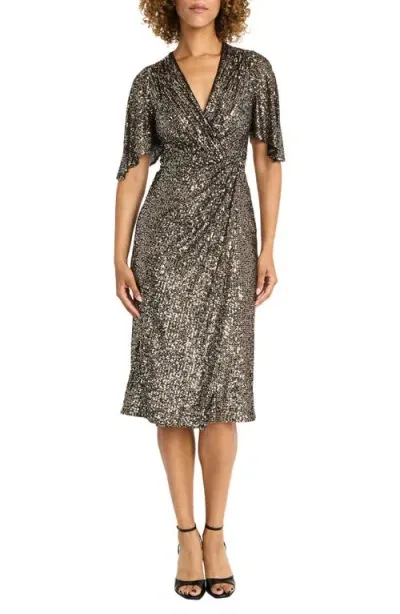 Maggy London Sequin Flutter Sleeve Cocktail Midi Dress In Silver/gold/black