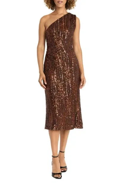 Maggy London Sequin One-shoulder Midi Cocktail Dress In Brown