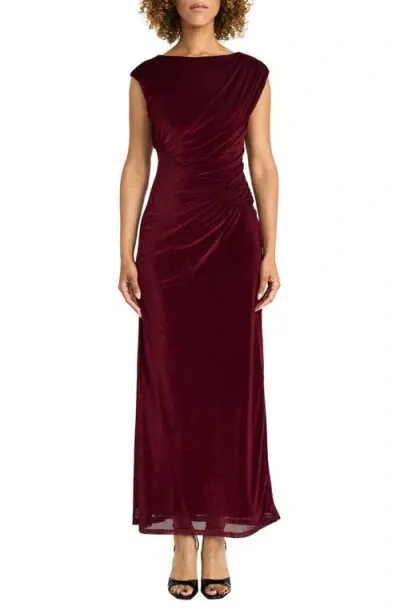 Maggy London Shirred Velvet Gown In Wine Red