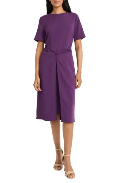 Maggy London Short Sleeve Twisted Overlay Midi Dress In Plum