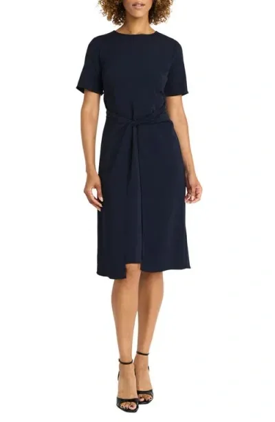 Maggy London Short Sleeve Twisted Overlay Midi Dress In Twilight Navy