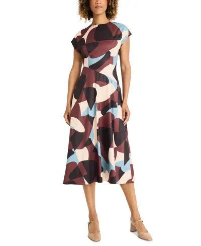 Maggy London Women's Printed Crewneck Cap Sleeve Midi Dress In Crm,brown