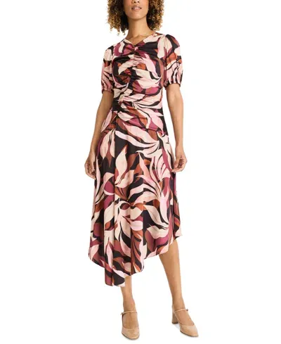 Maggy London Print Ruched Asymmetric Midi Dress In Blk,russet