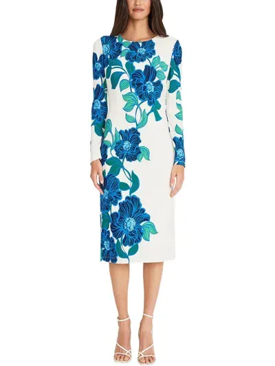 Maggy London Floral Long Sleeve Knit Midi Dress In Blue