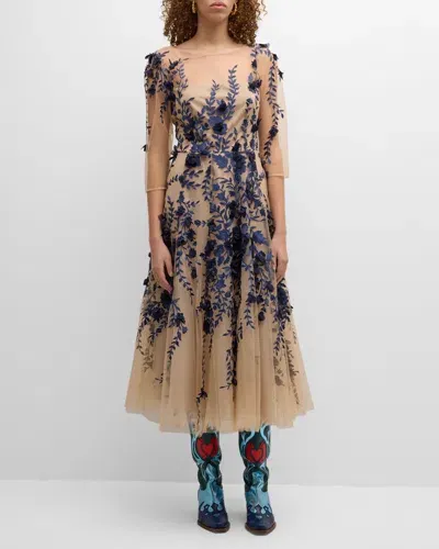 Maison Common Floral Embroidered Tulle Fit-flare Midi Dress In Navy