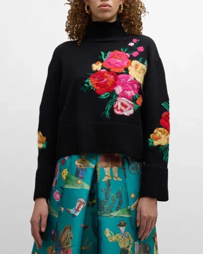 Maison Common Floral-embroidered Wool Cashmere Turtleneck Sweater In Black