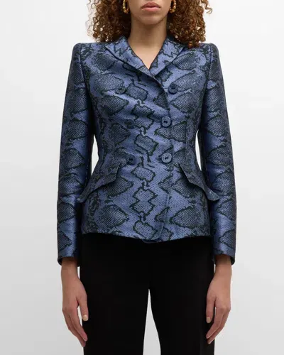 Maison Common Snake Print Double-breasted Jacket In Medium Blue