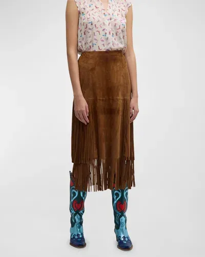 Maison Common Suede Fringe Midi Skirt In Medium Brown