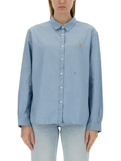 Maison Kitsuné Baby Fox-motif Chambray Shirt In Blue