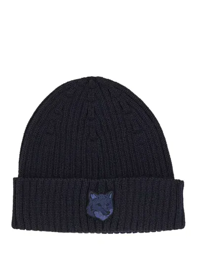 Maison Kitsuné Beanie Hat With Fox Head In Blue