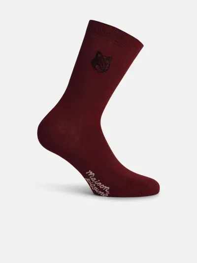 Maison Kitsuné 'bold Fox' Burgundy Cotton Blend Socks In Bordeaux