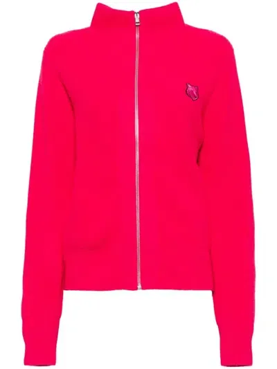 Maison Kitsuné Bold Fox Head Patch Ribbed Zipped Cardigan In Pink