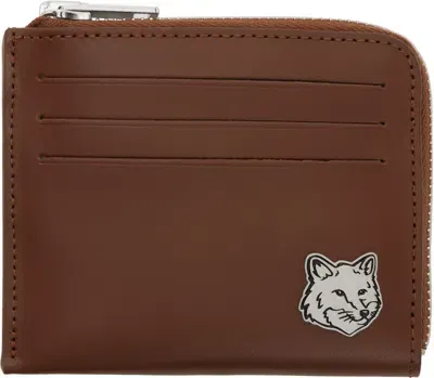 Maison Kitsuné Brown Fox Head Zipped Card Holder In P298 Dark Brown