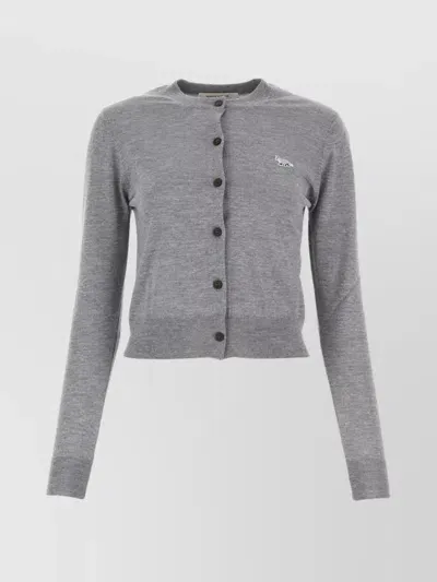 Maison Kitsuné Cropped Wool Cardigan With Ribbed Cuffs And Hem In Grey