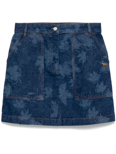 Maison Kitsuné Falling Leaves Laser Print Mini Skirt In Blue