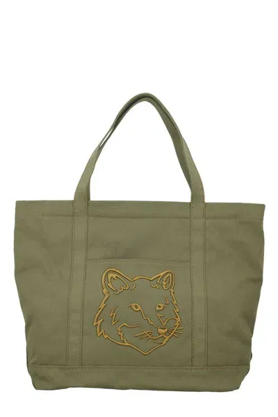 Maison Kitsuné Fox Head Embroidered Large Tote Bag In Green