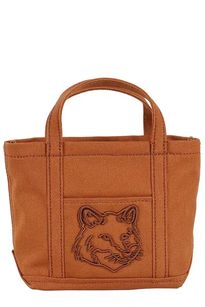 Maison Kitsuné Fox Head Embroidered Mini Tote Bag In Brown