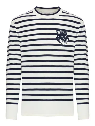 Maison Kitsuné Fox Head Striped Cotton Sweater In White