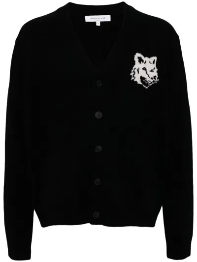 Maison Kitsuné Fox Head Wool Cardigan In Black