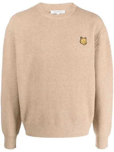 Maison Kitsuné Fox-patch Ribbed-knit Jumper In Beige