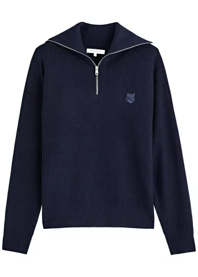 Maison Kitsuné Bold Fox Head Patch Half Zip Ribbed Jumper In Navy