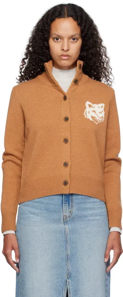 Maison Kitsuné Orange Fox Head Intarsia High Neck Cardigan In Brown